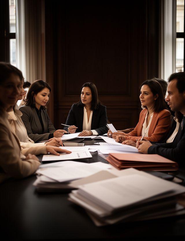 Grupo de abogados en una sala de reuniones elegante en Madrid con luz tenue y documentos jurídicos sobre la mesa