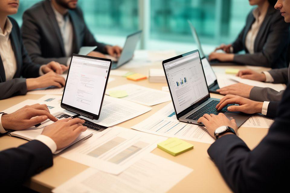 Mesa de negociación con documentos, portátiles y notas adhesivas durante una fusión internacional en una oficina elegante
