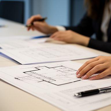Abogado de derecho inmobiliario revisando planos y escritura de una gran transacción en una mesa de trabajo
