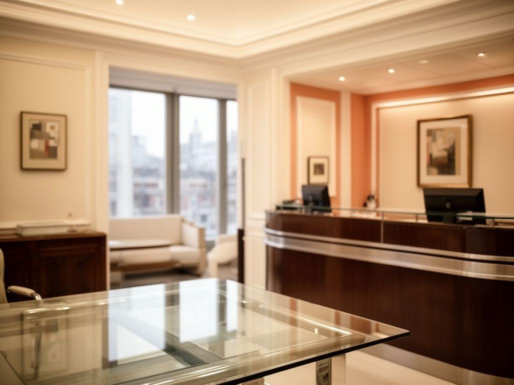 Elegant law office reception in Madrid with warm lighting, glass table and city details in the background