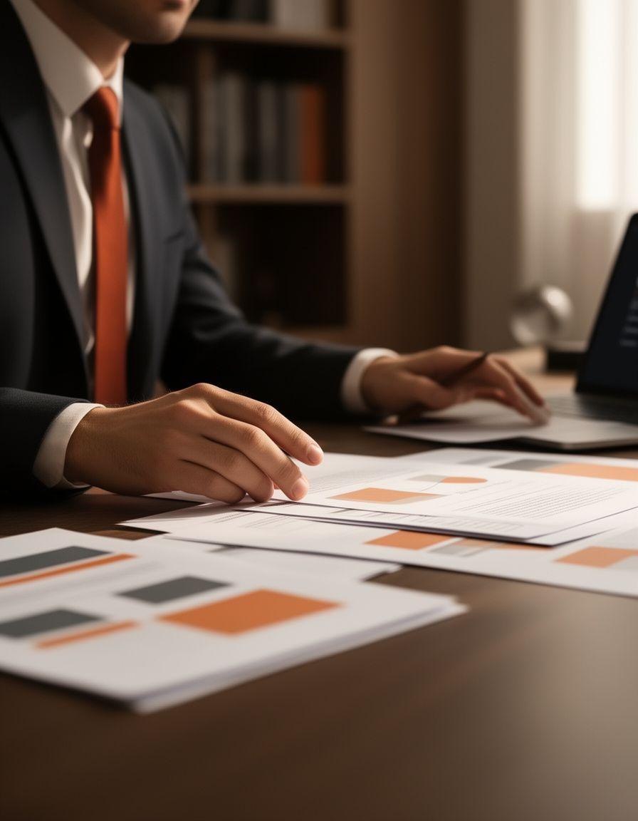 Lawyer reviewing legal documents in a modern Madrid office with warm desk lighting