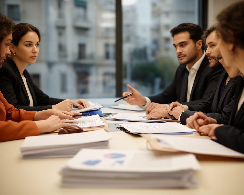 Equipo jurídico en una sala de reuniones de Madrid revisando documentos contractuales y pantallas con expedientes