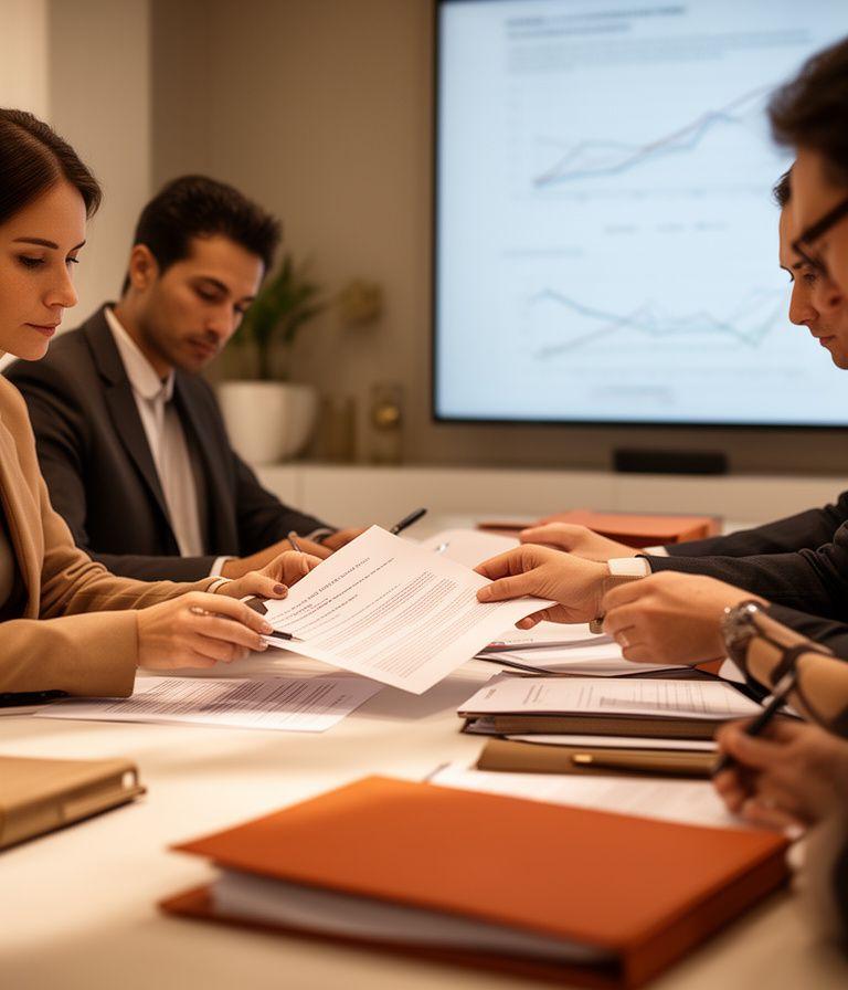 Abogados revisando documentación corporativa en una sala de reuniones moderna con luz cálida y pantallas de análisis legal