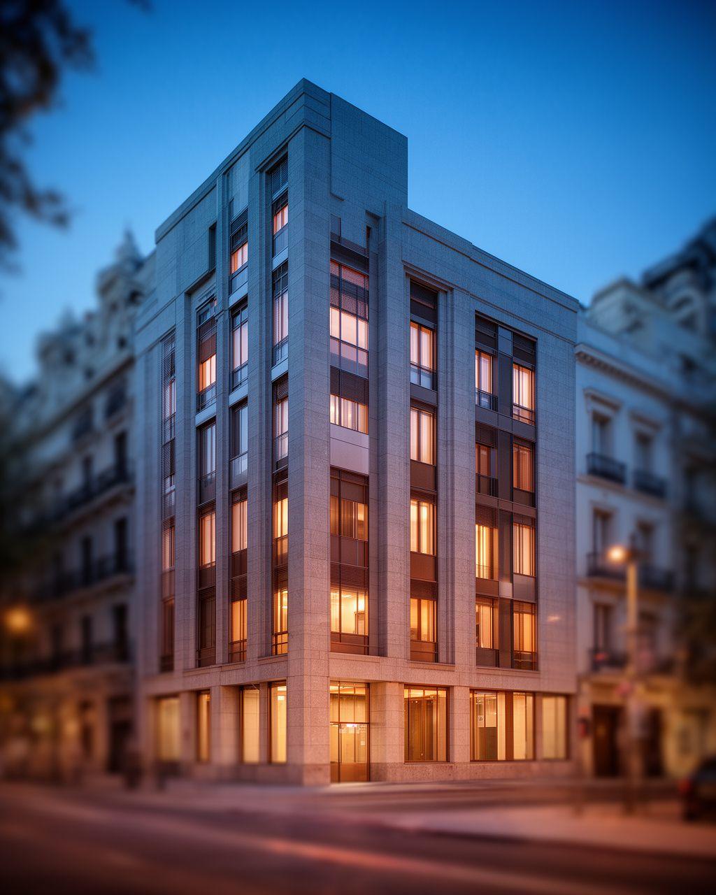 Modern legal office facade on Paseo de la Castellana in Madrid at dusk with warm interior lighting