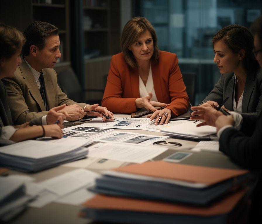 Abogados en Madrid preparando un arbitraje internacional frente a una mesa con archivos bilingües y notas estratégicas