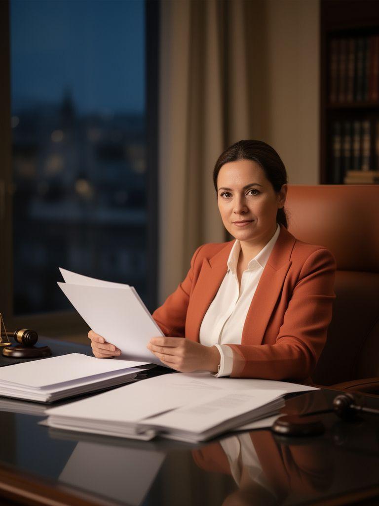 Legal adviser reviewing case documents beside a polished desk in a Madrid office with warm evening light